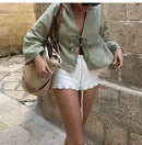 the BOHO TIE - Female Street Tops Linen Lace Up Long Sleeve Fashion Chic Casual Loose V-Neck Shirt