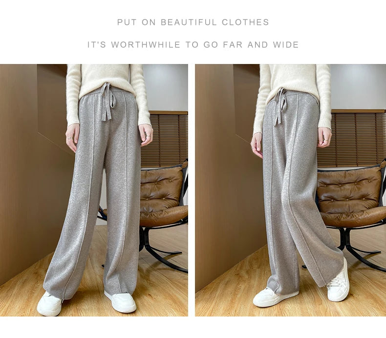 2024 Autumn/Winter New Knitted Women's High Waist Pants,Casual And Loose.  Straight Leg, personalized Floorpants With Elasticity