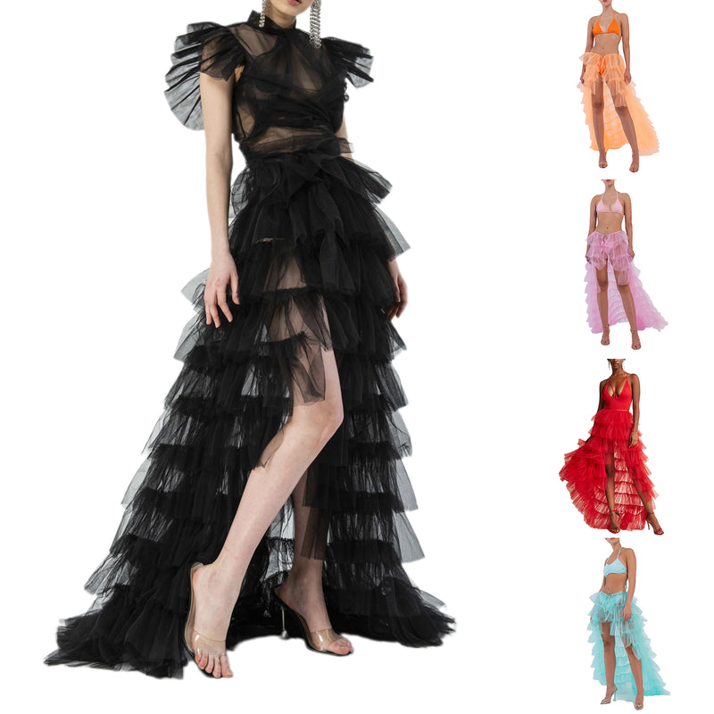 Women Long High Low Ruffles Tulle Skirt Solid Color Mesh Tied-Up Irregular Floor-Length Party Train Overskirt Cover Ups