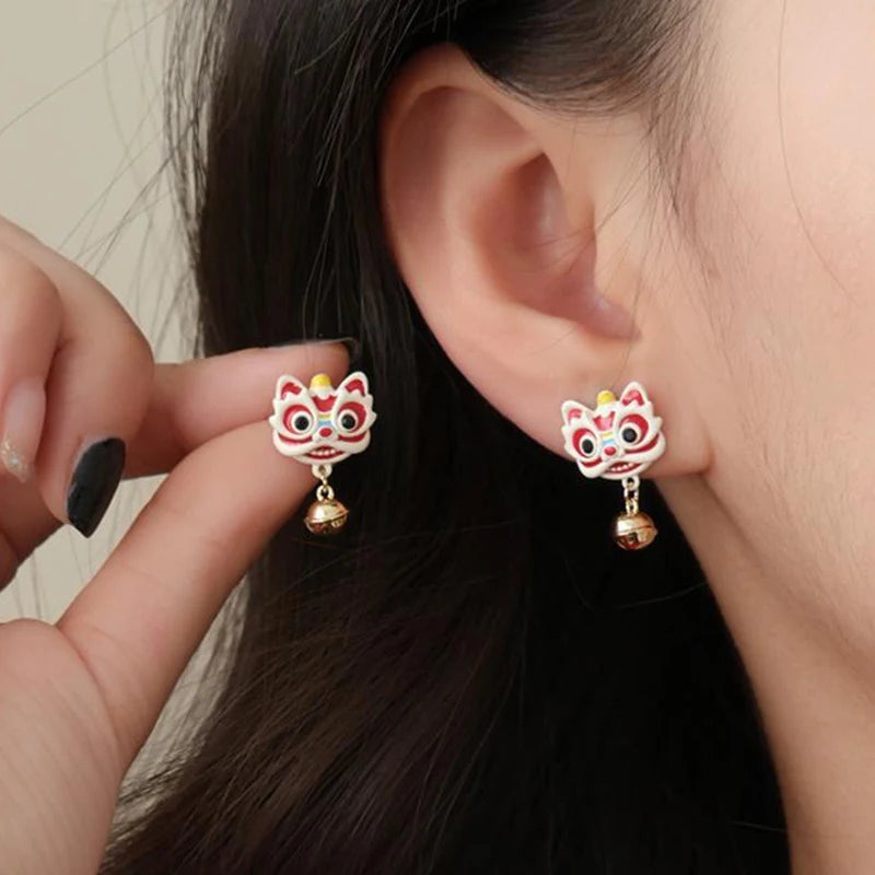 the GOOD FORTUNE - Chinese Style Red Little Lion Bell Pendant Earrings for Women, The Year of The Dragon Festive Jewelry Gifts