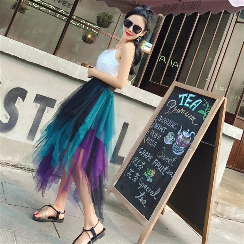 Fashion Summer Tutu Women Skirt Harajuku Tulle Bottom Faldas Casual High Waist Midi Mesh Skirts Woman Clothes Saia Jupe Femme