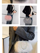 the FURBIE - Designer Women's Handbag with Tassel, Luxury Plush Evening Bags with Pearl Chain, Ladies Purse Tote Bag, Fashion Crossbody Bag