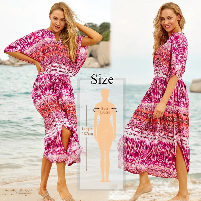 2023 Bohemian Printed V-neck Batwing Sleeve Long Loose Summer Dress For Women Clothes  Streetwear Moroccan Caftan Q831