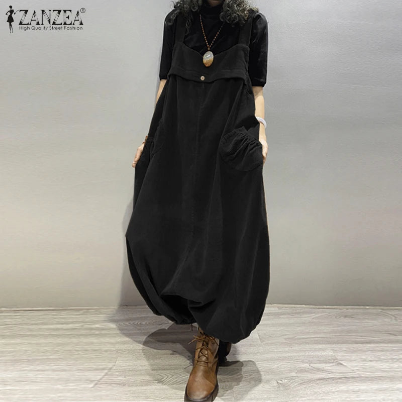 ZANZEA Streetwear Corduroy Bibbed-Jumpsuits Women Wide Leg Pant Drop-Crotch Overalls 2025 Spring Loose Casual Suspender Rompers