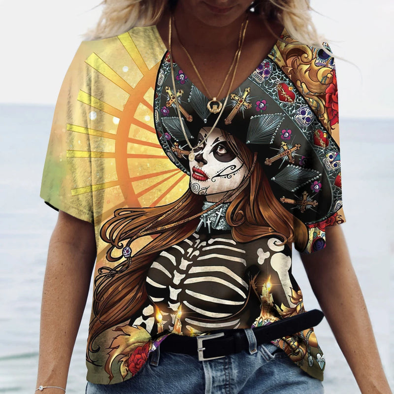 2023 Vintage Skull Face Women's T Shirt Tops V Neck Casual Cotton Short Sleeve Pullover Summer Female Harajuku Punk Streetwear