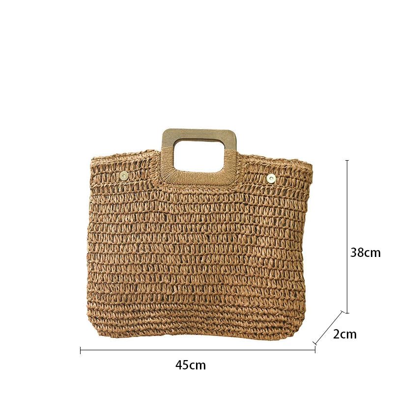 the WOVEN BAG - Straw Bag Rattan Woven Round Tassel Handbag for Women, Large Capacity Shoulder Tote Purse, Ladies Holiday Wood Handle Shopping Bag