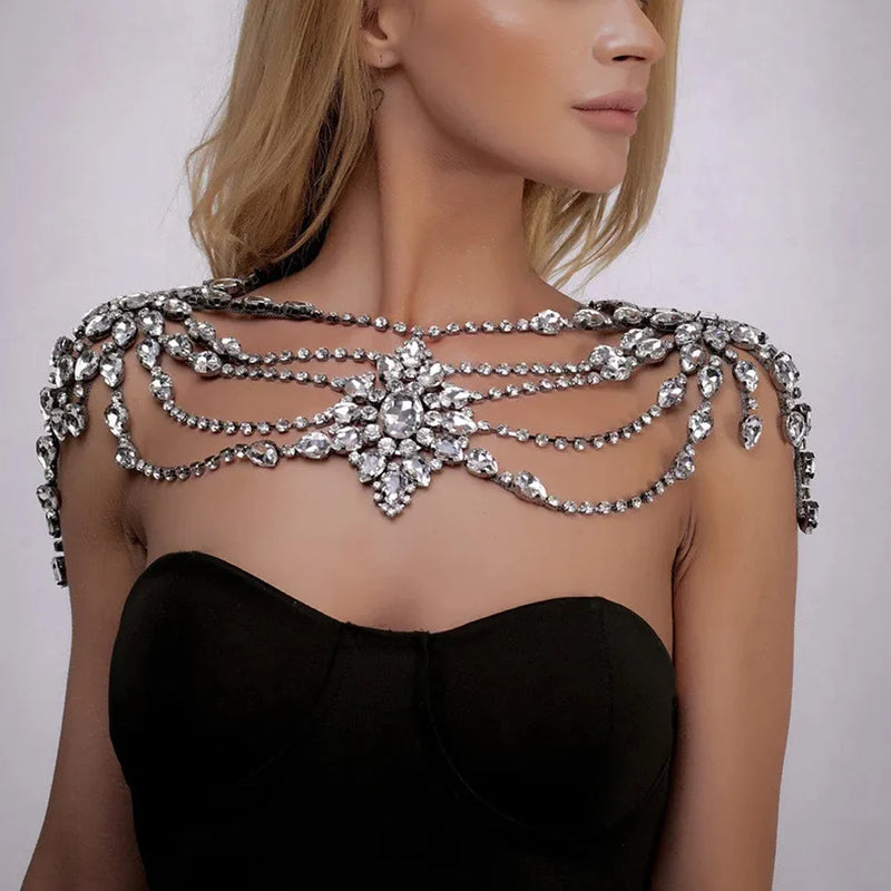 the BREASTPLATE - Boho Crystal Bridal Shoulder Chain Necklace Bead Shawl Wraps Wedding Chest Body Chain Dress Jewelry