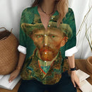 the GALLERIA - Van Gogh's Oil Painting Print Sunflower Pattern Long Sleeved Shirt Loose Lapel Blouse