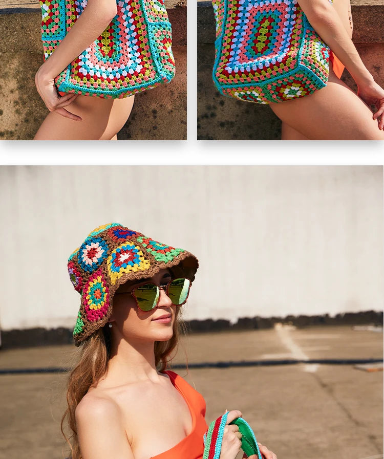 the CANCUN BOHO - Bohemian Crochet Women Shoulder Bags, Knitting Large Capacity Tote Bag, Casual Lady Handbags, Big Shopper Purses/Summer Beach Bags