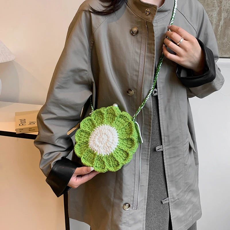 the KNITTED FLOWER - New Fashion Sunflower Pattern Women's Mini Knitted Handbag, Female Woven Shopper Purse, Lovely Design Chain Shoulder Crossbody Bag