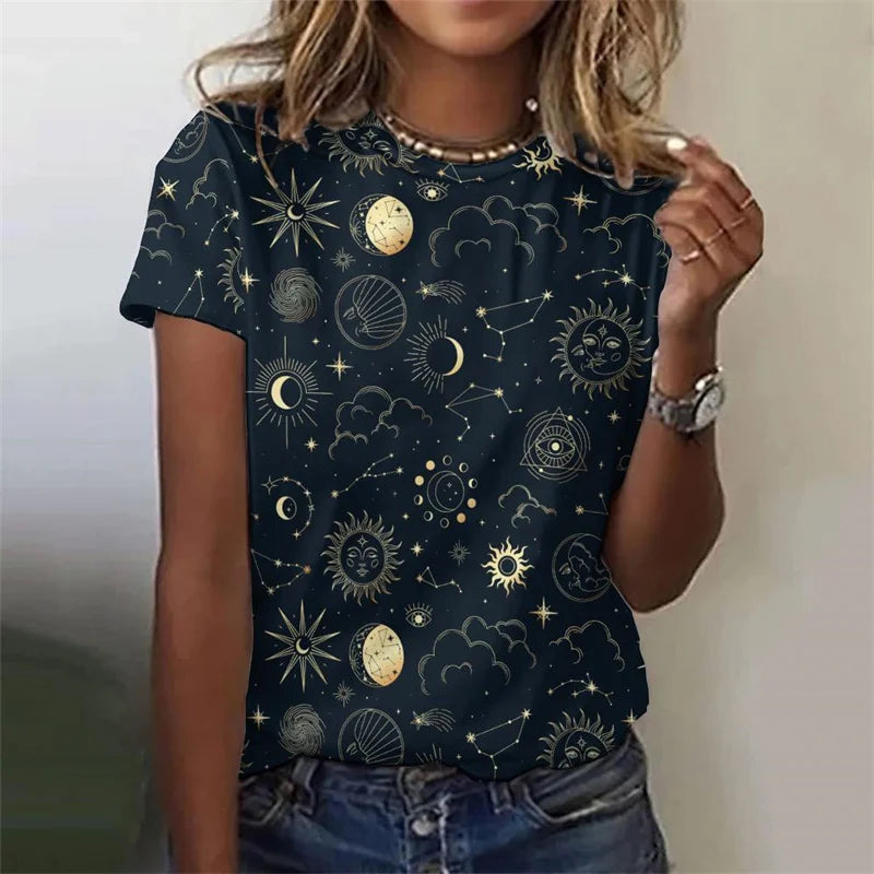 3D Printed Sun Stars Moon T Shirt For Women Starlit Sky Graphic Tees Summer Casual Loose T-Shirts Round Neck Tops Short Sleeves