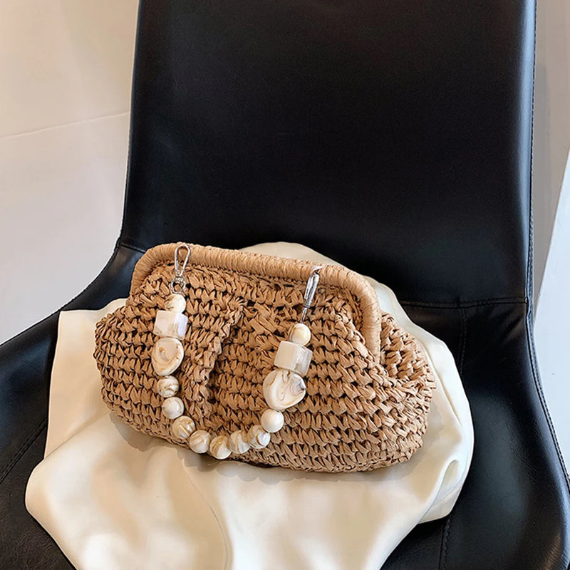 the BEAN BAG BOHO - Women Straw Crossbody Bag Clutch Purse, Weaving Shoulder Bag, Versatile Small Beading Handbag, Rattan Boho Summer Beach Woven Bag