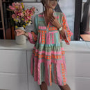 the PINK POPPY - Women Sexy V-Neck Ruffles Boho Spring Vintage Retro Print A-Line Casual 3/4 Flare Sleeve Loose Mini Dress