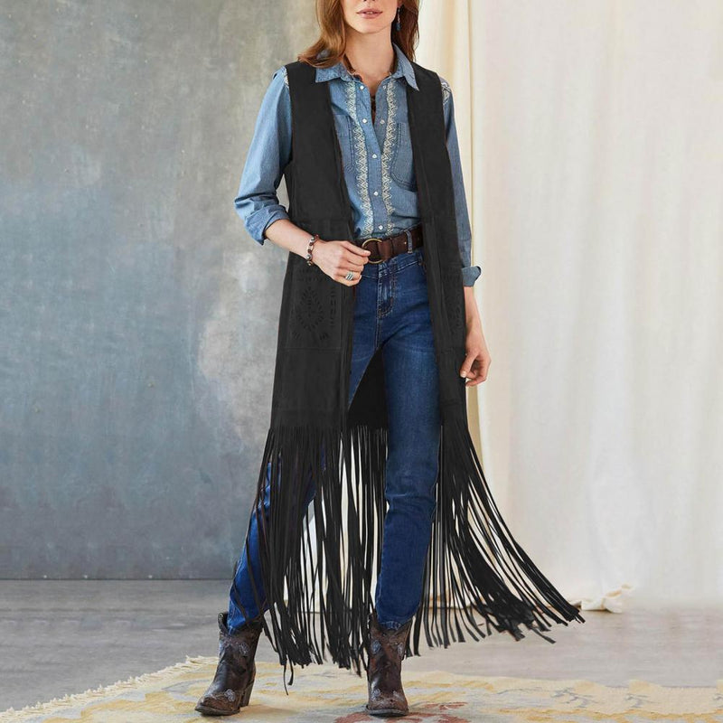 Western Fringed Vest Bohemian Fringe Vest Women's Sleeveless Cardigan with Tassel Detail Patch Pockets for Cowboy Cosplay