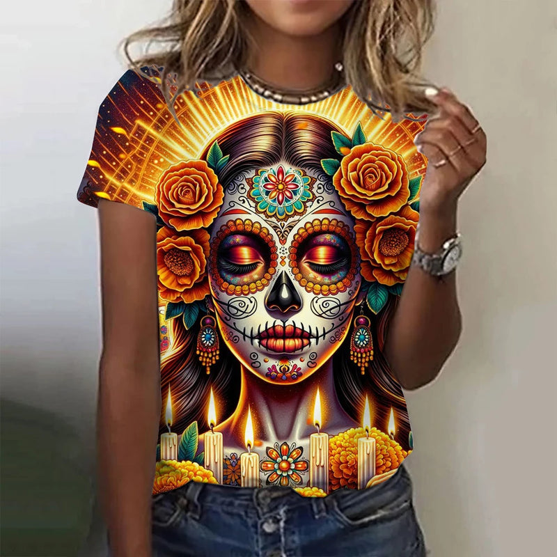 Women's T-shirt for Girls Summer Short Sleeve Casual Fashion  Sexy Girls Clothes Horror Undead Skull Pattern oversized T-shirts