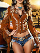 the ALAMO - Vintage Elegant Chic Boho Print Button V-Neck Slim Waist Shirt Fringed Long Sleeve Design Blouse Crop Tops