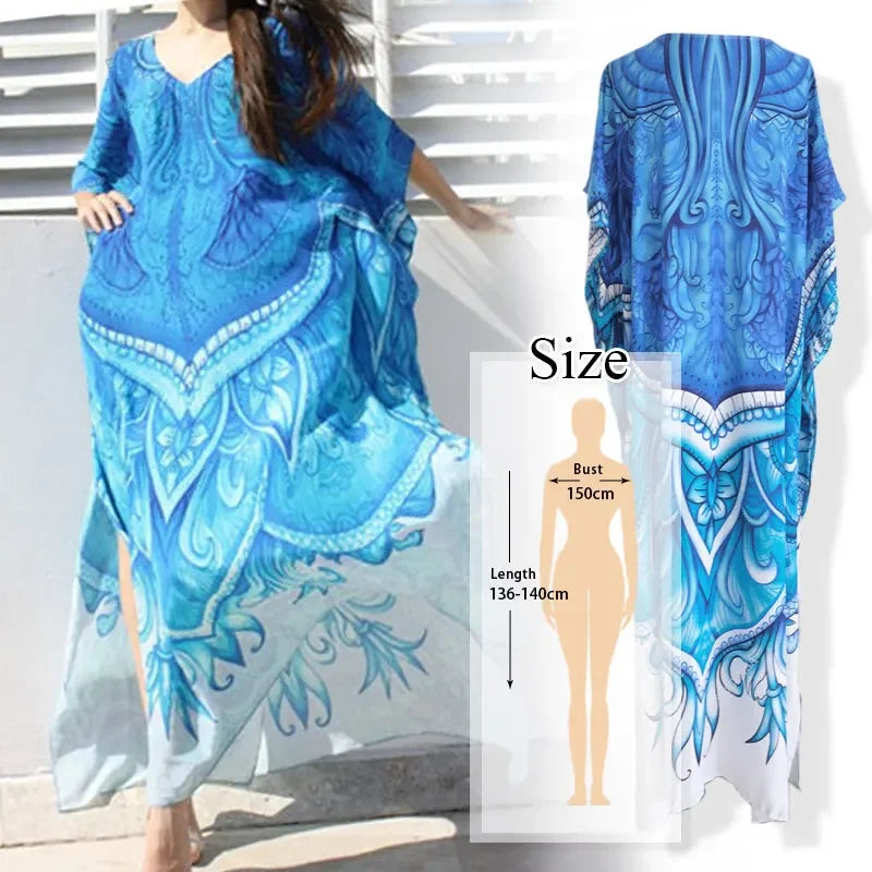 2023 Bohemian Printed V-neck Batwing Sleeve Long Loose Summer Dress For Women Clothes  Streetwear Moroccan Caftan Q831