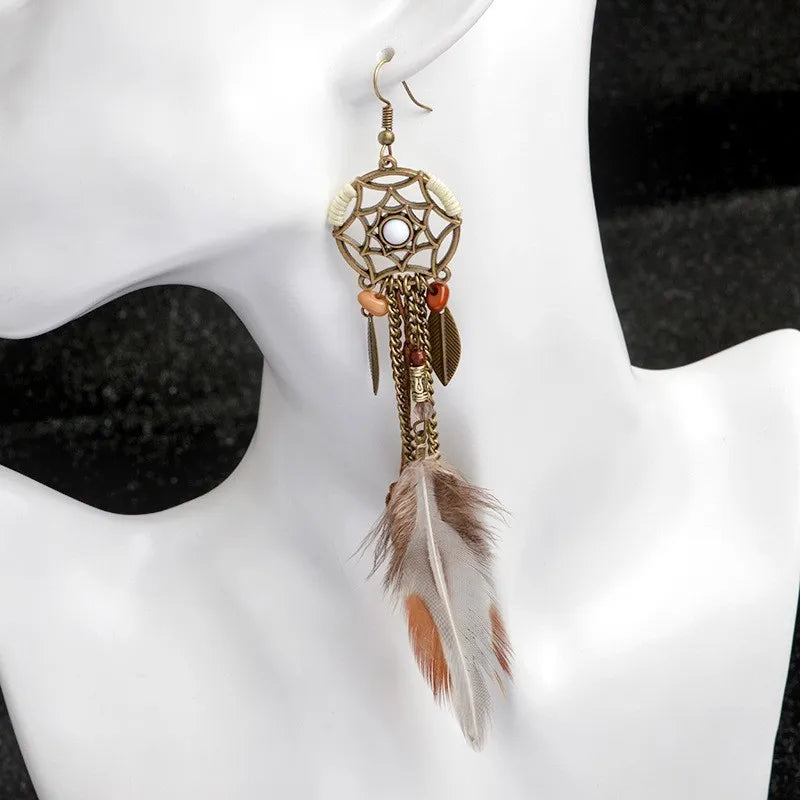 the DREAM CATCHER - Boho Tribal Vintage Dream Catcher Feather Leaf Long Tassel Dangling Earrings for Women