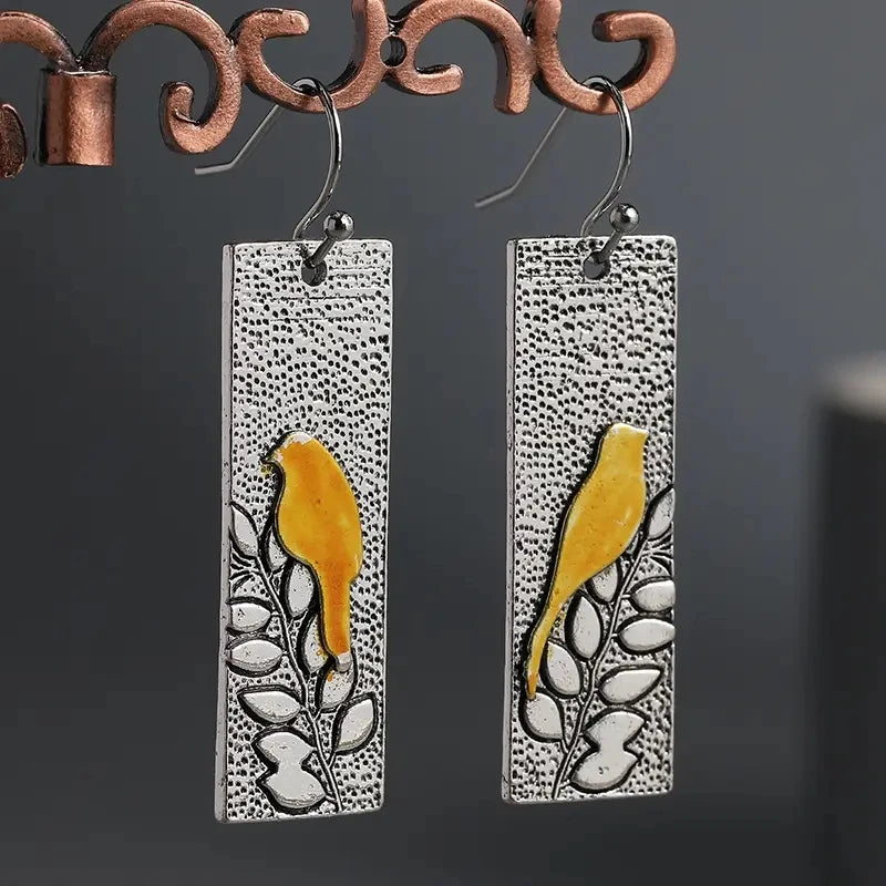 the BIRD WATCHER - Delicate Earrings for Women Square Bird Animal Silver Color Metal Inlaid Dangle Earrings Jewelry Trendy Female Gift