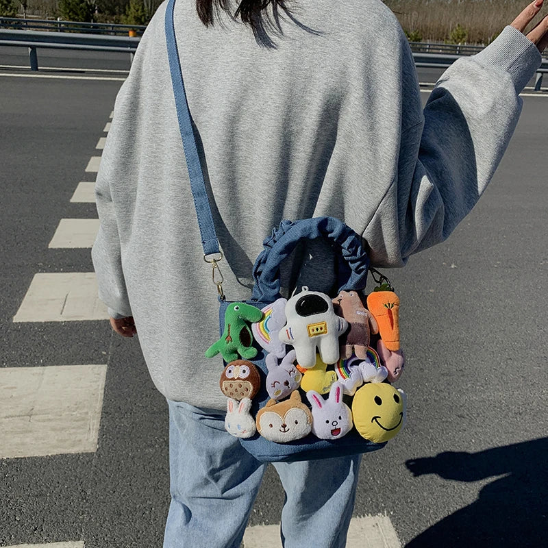 the DOLLY LLAMA - Cute Dolls Design Bucket Shoulder Crossbody Bags, Fashion Denim Cartoon Toy Decoration Tote Handbags for Women