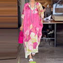 the MOOMOO - Women Summer Loose V-Neck Maxi Long Casual Floral Print Short Sleeve Pullover Dress