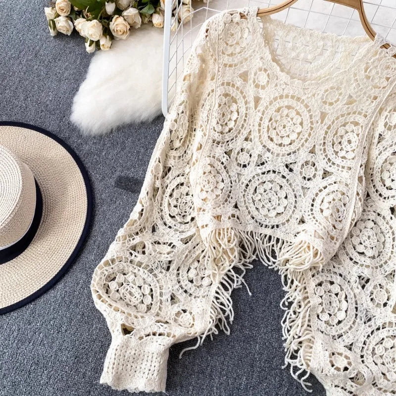 Retro ethnic style Knitted tops female tassel croche hollow out smock Female Dolman sleeve women's T-shirts casual ropa mujer