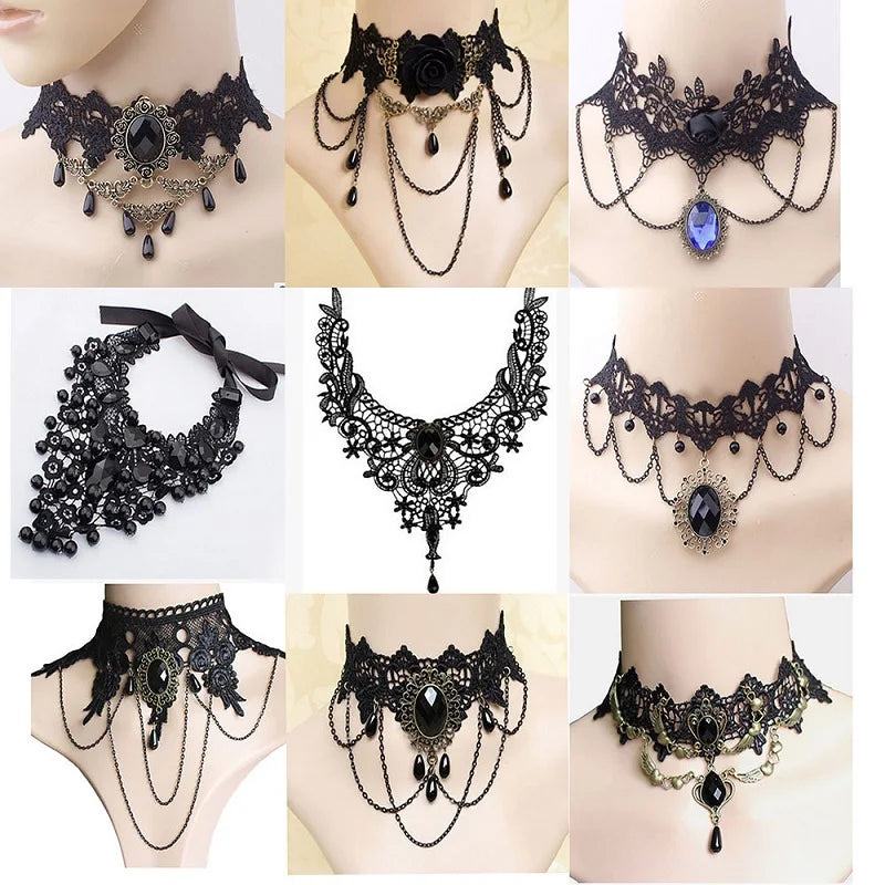 the GOTHIC VICTORIAN - Gothic Victorian Black Lace Necklace Women/Girl Boho Crystal Tassel Sexy Lace Choker Dark Style Jewelry