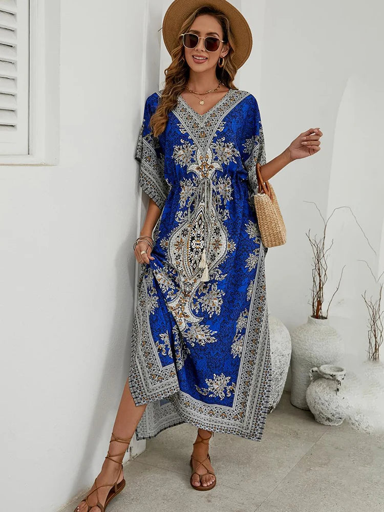 Bohemian V-neck Short Sleeve Beach Smock Dress Women 2023 Summer Loose Casual Sunscreen Print Boho Long Dresses For Women