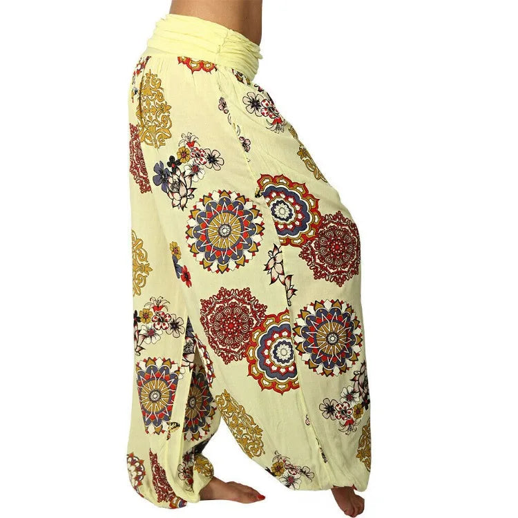 Summer Women's Fashion Floral Print Long Wide Leg Pants  Elastic Waist Haren Pants Casual Pants Haren Pants