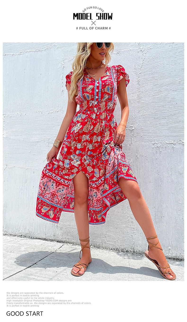 the BANDANA BOHO - Vintage Floral Boho Printed Short Sleeves V-Neck Slit A-Line Bohemian Summer Beach Midi Dresses