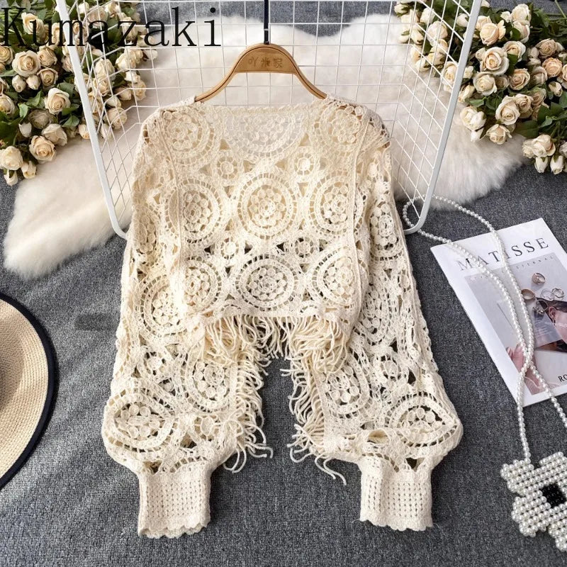 Retro ethnic style Knitted tops female tassel croche hollow out smock Female Dolman sleeve women's T-shirts casual ropa mujer