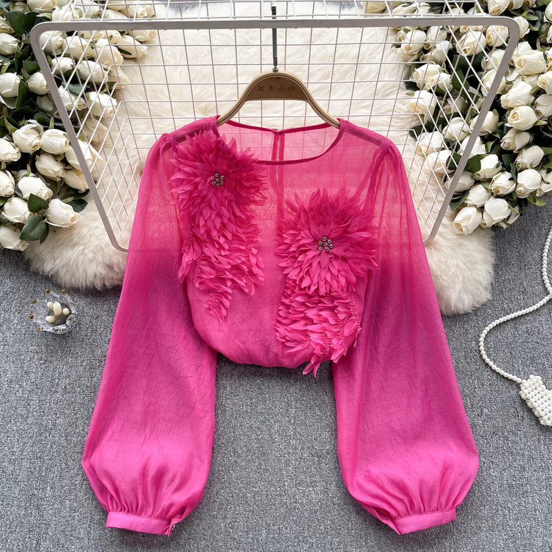 SINGREINY Spring Loose Satin Blouse Women O Neck Long Sleeves Sheer Bohemian Top 2024 Transparent 3D Floral Casual Shirt