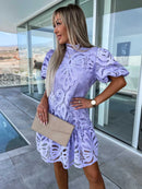 the GIRLS DAY - Elegant Collar Puff Sleeve Solid Color Sexy Lace Hook Flower Hollow Short Summer Dress