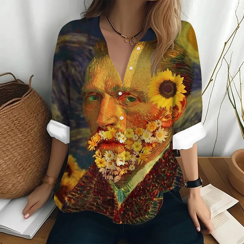 Women's Long Sleeved Shirt Van Gogh's Oil Painting Print Sunflower Pattern Clothing Loose Lapel Top Women's Party Fashion Shirt