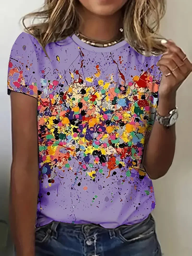 Summer Women's T Shirt Colorful Abstract Print O Neck Casual Short Sleeve Tees Female Overszied Clothing Fashion Street Pullover