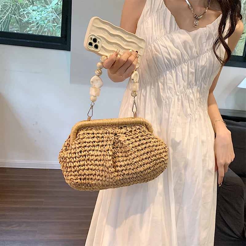 the BEAN BAG BOHO - Women Straw Crossbody Bag Clutch Purse, Weaving Shoulder Bag, Versatile Small Beading Handbag, Rattan Boho Summer Beach Woven Bag