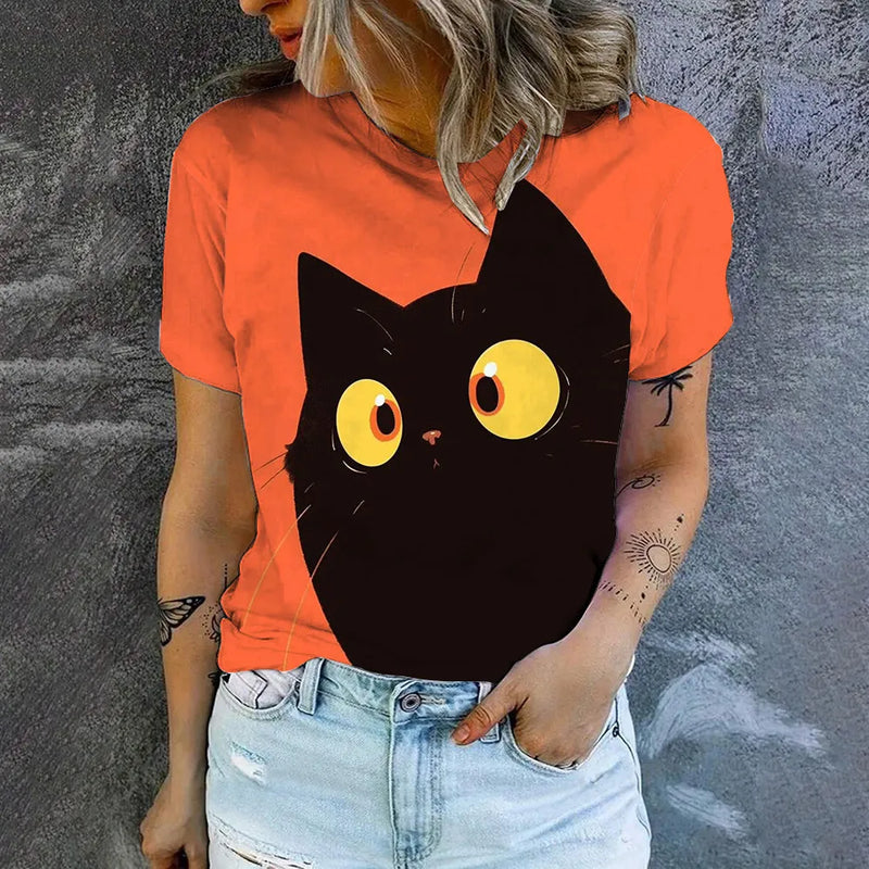 Summer Sports Breathable Cat Print T-shirt Casual Comfortable Loose O-neck T-shirt High Quality Elegant Fashion Women's T-shirt