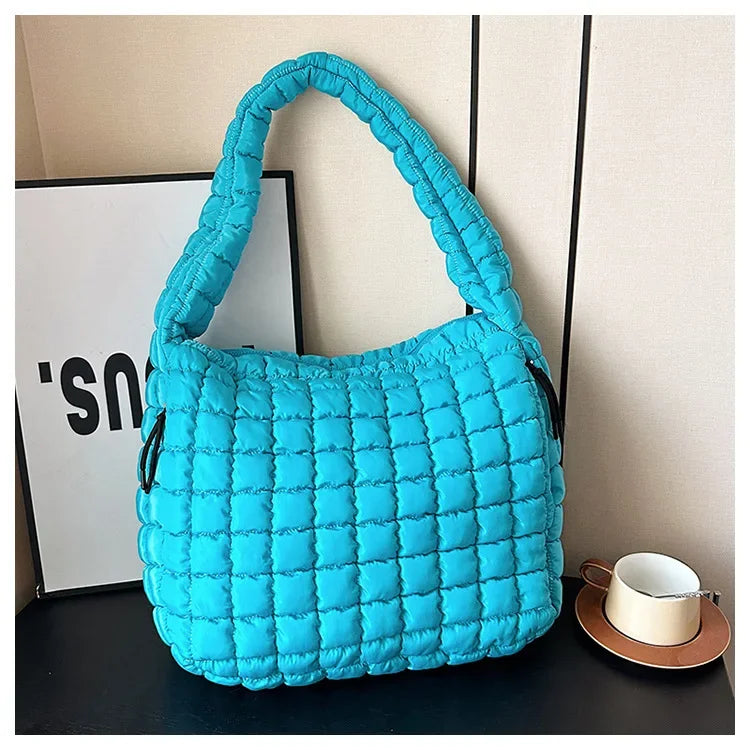 the PUFFY BOHO - Casual Ruched Hobos, Women Shoulder Bags, Quilted Padded Crossbody Bag, Large Capacity Nylon Puffer Tote Bag, Big Shopper Purses