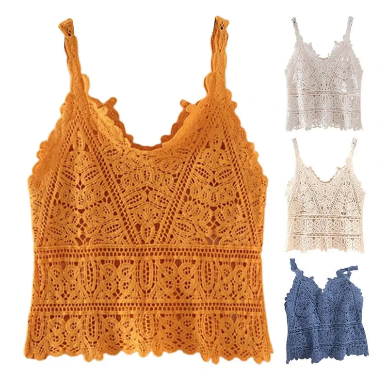 V-neck Vest Tops Women Summer Sleeveless Crochet Knitting Tops Hollow Lace Knitted Sling Tops Streetwear ropa de mujer