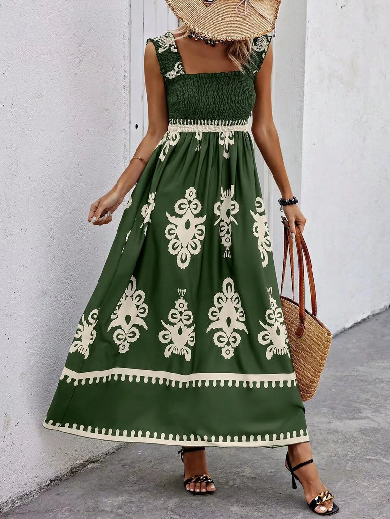 Bohemian Long Dress Summer Loose Holiday Dress Women Casual Sleeveless A-Line Party Long Dress Boho Casual Midi Dress Vestidos