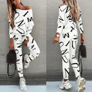 the ALPHA - Spring/Autumn Fashion One Shoulder Long Sleeve Pure Cotton Printing Letter Women's Pant Suits