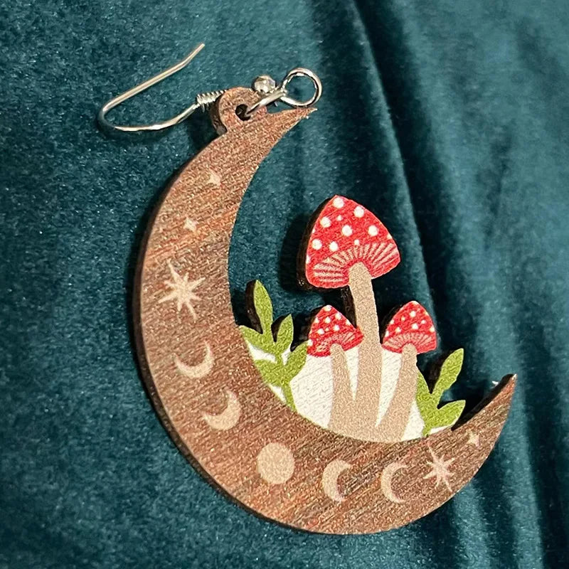 the MUSHROOM MOON - Fashion Cute Wooden Earrings for Women, Simple Personality Double-Sided Printed Mushroom Moon Earrings Jewelry