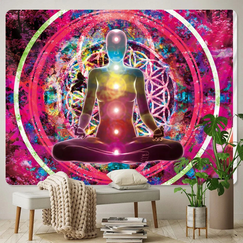 the MEDITATION - Mandala Seven Chakra Psychedelic Scene Home Decor Art Tapestry Hippie Wall Hanging, Boho Room Wall Decor