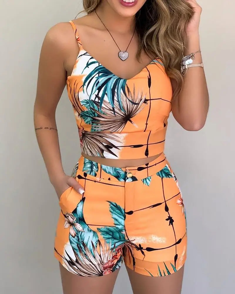 Women 2-piece Outfit Set Female High Waist Hot Shorts Pants Suit Summer Flower Printed Sleeveless V-neck Sling Blouse Shorts Set