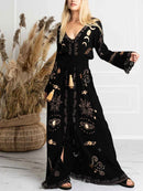 the MOON CHILD - Vintage V-Neck Long Dress Lace Up Large Hem Dress Long Sleeve Loose Long Robe