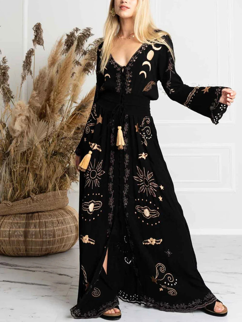 V Neck Long Dress Lace Up Vintage Printed Large Hem Dresses Women Casual Summer Long Sleeve Dress Loose Long Robe Vestidos