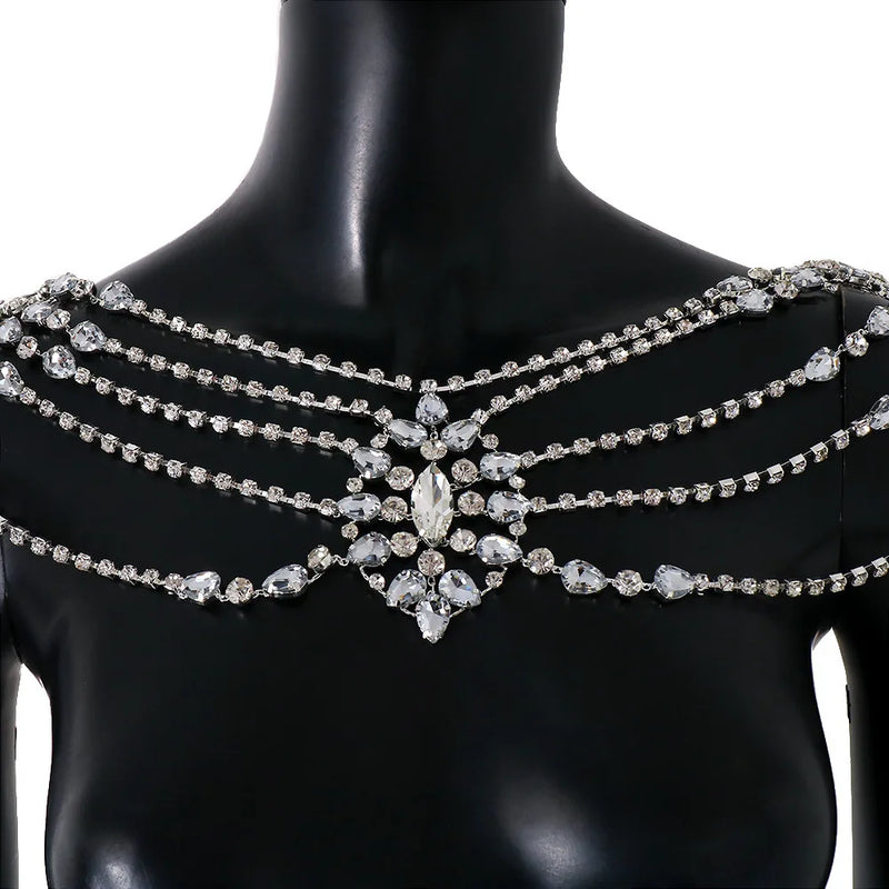 the BREASTPLATE - Boho Crystal Bridal Shoulder Chain Necklace Bead Shawl Wraps Wedding Chest Body Chain Dress Jewelry