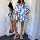 the ROMPER BOHO - Fashion Boho Romper Shorts Oversized Button-Down Shirt Sleeve Wide Leg Short Jumpsuit Vacation Outfits
