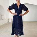 the BROCADE BOHO - Elegant Summer Hollow Out Slim Beach Long Lace Maxi Dress V Neck Puff Sleeve High Waist Dress