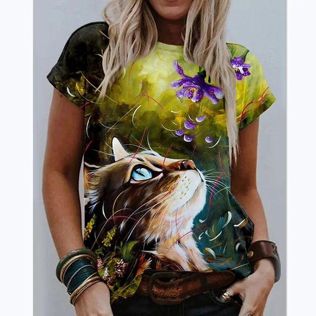 New Summer 3D Printing T-Shirt for Women Cute Cat Fashion Tee 2022 New Harajuku Animal Short Sleeve Oversized Clothing Camiseta